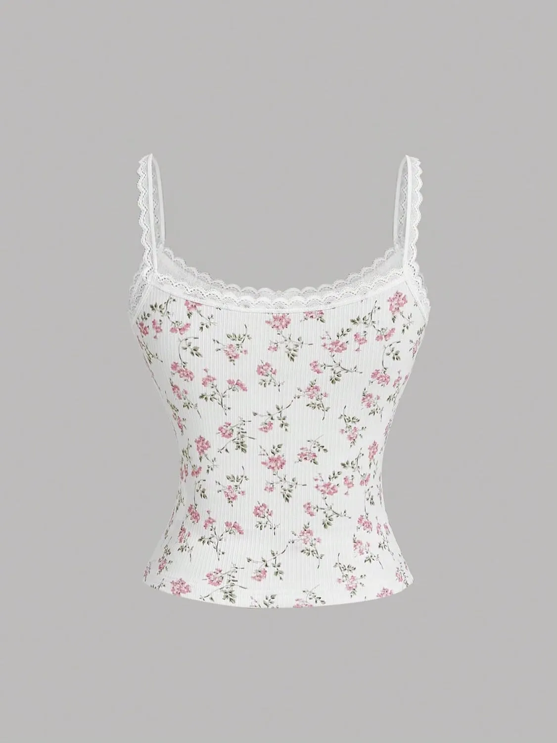 Women's Y2k Floral Print Camisole Lace Bow Front Crop Top Knitted Spaghetti Strap Tank Top Streetwear