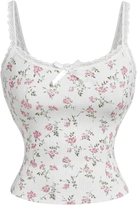 Women's Y2k Floral Print Camisole Lace Bow Front Crop Top Knitted Spaghetti Strap Tank Top Streetwear