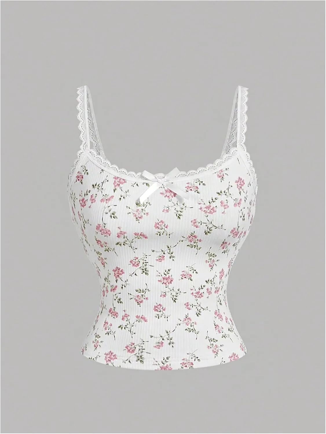 Women's Y2k Floral Print Camisole Lace Bow Front Crop Top Knitted Spaghetti Strap Tank Top Streetwear