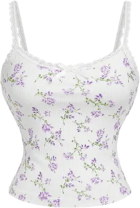 Women's Y2k Floral Print Camisole Lace Bow Front Crop Top Knitted Spaghetti Strap Tank Top Streetwear