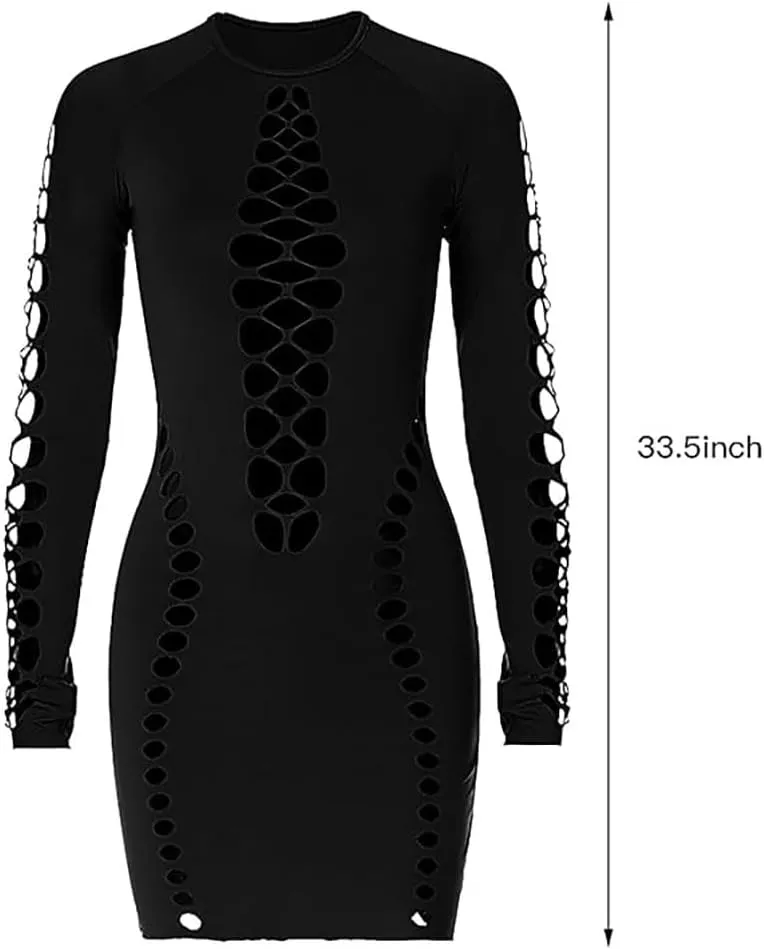 XGOPTS Women Sexy Mesh Nightclub Dress Hollow Out Club Mini Dress Ruched Bodycon Dress Fishnet Long Sleeve Party Dress