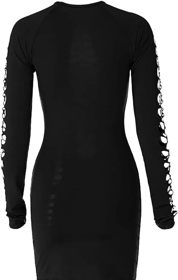 XGOPTS Women Sexy Mesh Nightclub Dress Hollow Out Club Mini Dress Ruched Bodycon Dress Fishnet Long Sleeve Party Dress