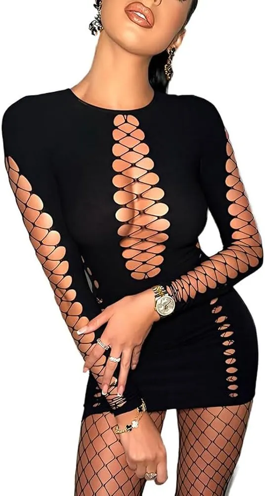 XGOPTS Women Sexy Mesh Nightclub Dress Hollow Out Club Mini Dress Ruched Bodycon Dress Fishnet Long Sleeve Party Dress