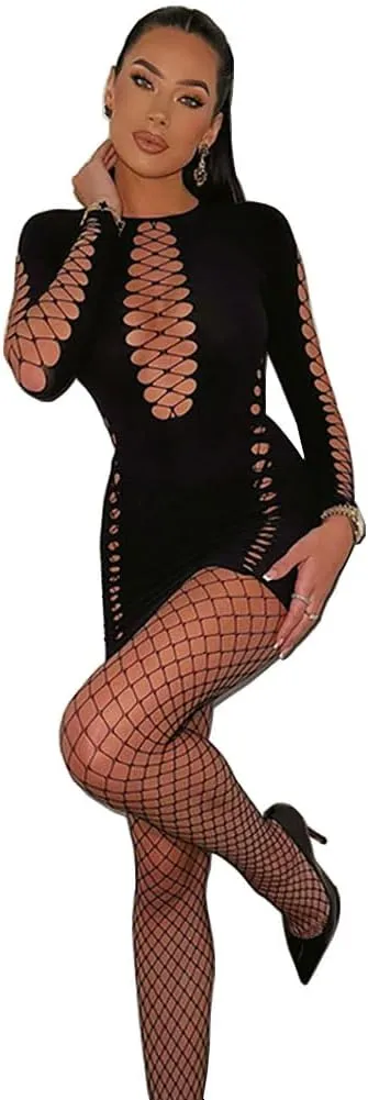 XGOPTS Women Sexy Mesh Nightclub Dress Hollow Out Club Mini Dress Ruched Bodycon Dress Fishnet Long Sleeve Party Dress