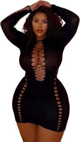 XGOPTS Women Sexy Mesh Nightclub Dress Hollow Out Club Mini Dress Ruched Bodycon Dress Fishnet Long Sleeve Party Dress